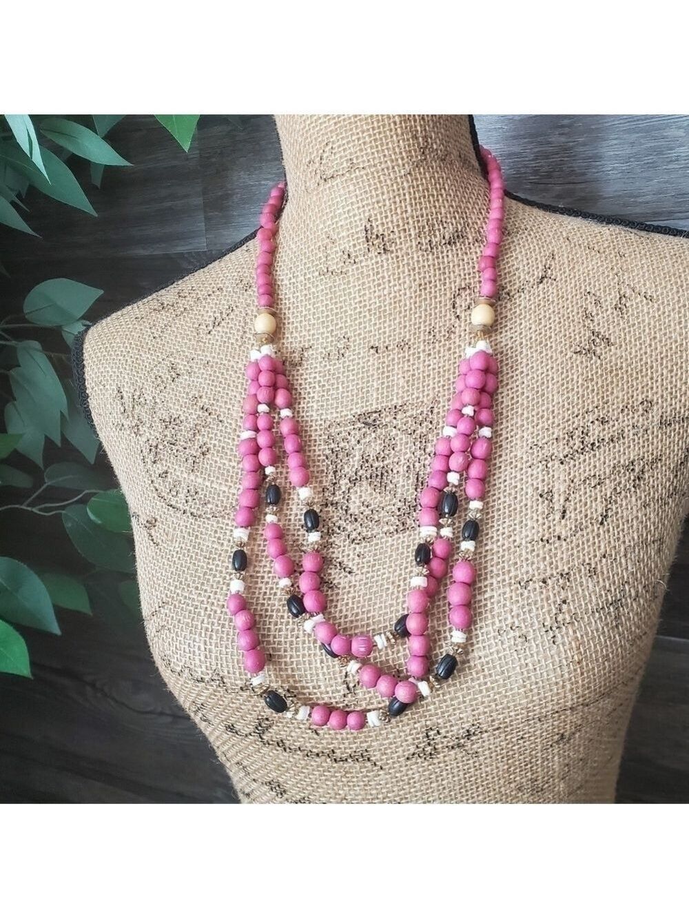 Shell Pink Wooden Beads Multi Layered Necklace